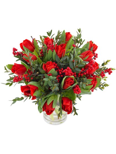 Jarron de tulipanes rojos con eucalipto